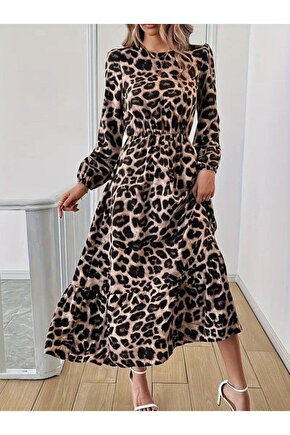 Uzun Kollu Bisiklet Yaka Leopar Desenli Midi Süprem Elbise