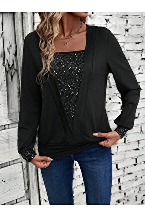 Kadın Uzun Kollu V Yakalı Içi Süprem Desenli Dışı Viskon Bluz