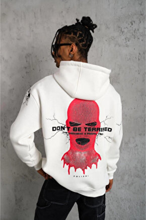 Erkek Oversize Üç İplik Kapüşonlu Sweatshirt – Don’t Be Terrified Ön, Sırt Ve Kol Baskılı, Kanguru