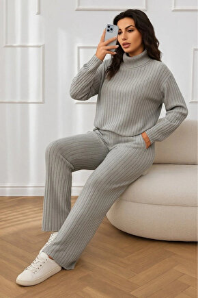 Kadın Uzun Kollu Balıkçı Yaka şardonlu Bluz Ve Pantolon Ikili Takım