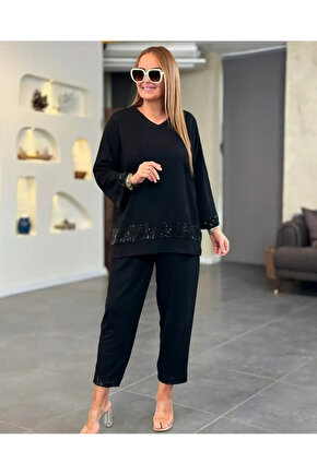 Kadın Uzun Kollu V Yakalı Pulpayet Viskon Iki Iplik Bluz Ve Pantolon Takım