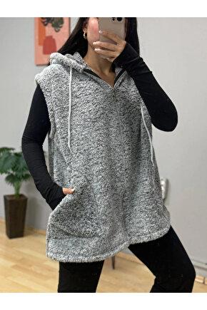 Kadın Kapüşon Ve Fermuar Detay Welsoft Kolsuz Yelek
