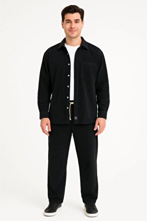 Erkek Kadife Oversize Takım – Gömlek ve Pantolon İkili Set Füme Corduroy Şıklığı, Rahat ve Zarif Dur