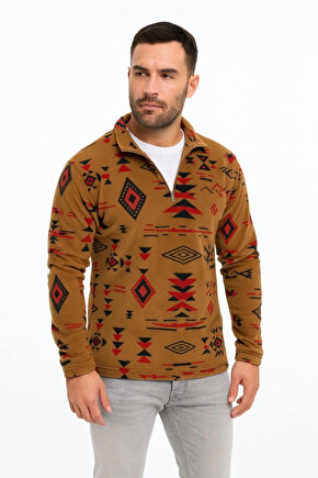 Erkek Yarım Fermuarlı Desenli Polar Sweat Tribal Etnik Desen Yakalı, Uzun Kollu, Oversize Rahat Kalı