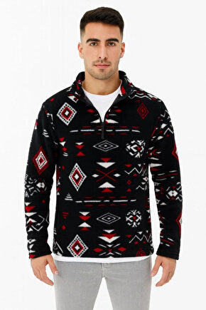 Erkek Yarım Fermuarlı Desenli Polar Sweat Tribal Etnik Desen Yakalı, Uzun Kollu, Oversize Rahat Kalı