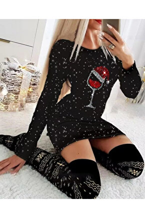 Kadın Uzun Kollu Taş Kadeh Baskı Mikro Kumaş Mini Boy Elbise (çorapsız)