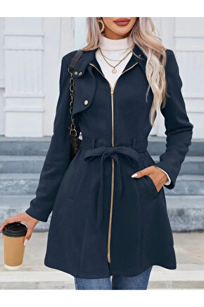 Kadın Uzun Kollu Boyundan Düğmeli Fermuarlı Beli Kuşaklı Süet Ceket