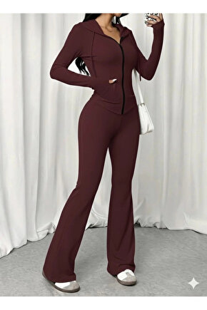 Kadın Uzun Kollu Kapşonlu Bağcıklı önü Fermuarlı Viskon Iki Iplik Bluz Ve Pantolon Ikili Takım