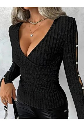 Kadın Uzun Kollu Kruvaze Yakalı Incili şardonlu Kaşkorse Bluz