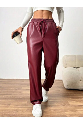 Kadın Yüksel Bel Bağcıklı Deri Pantolon