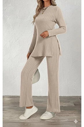 Kadın Uzun Kollu Bisiklet Yaka Yandan Yırtmaçlı şardonlu Kaşkorse Bluz Ve Pantolon Ikili Takım