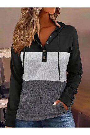 Kadın Uzun Kollu Kapşonlu çok Renkli Iki Iplik Bluz