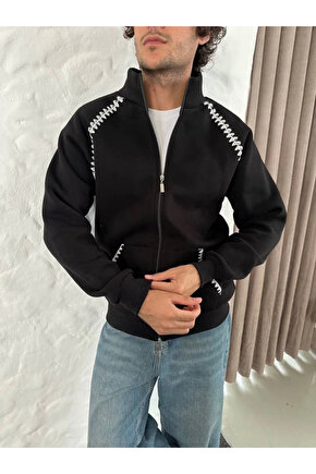 Erkek Oversize Dik Yaka Fermuarlı Sweatshirt - Zincir Nakışli Kanguru Cepli - Siyah