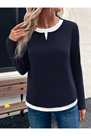 Kadın Uzun Kollu V Yakalı çift Renkli Viskon Iki Iplik Bluz