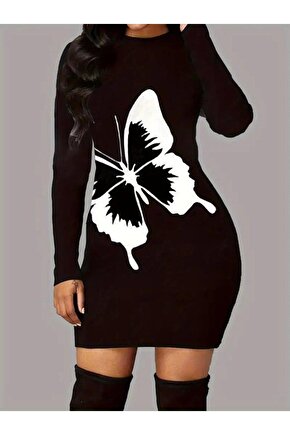 Kadın Uzun Kollu Bisiklet Yaka Kelebek Desenli Kısa Viskon Iki Iplik Elbise