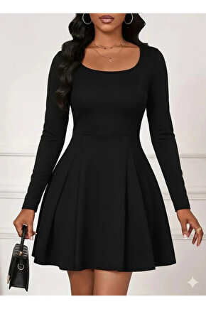 Kadın Uzun Kollu Kare Yakalı Mini Ithal Krep Elbise