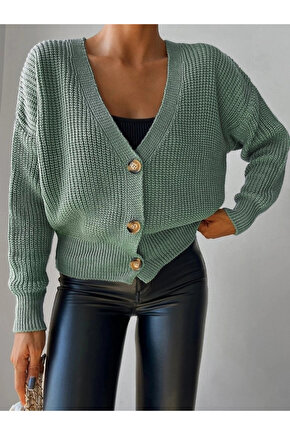 Kadın Uzun Kollu Düğme Detay Triko Bluz