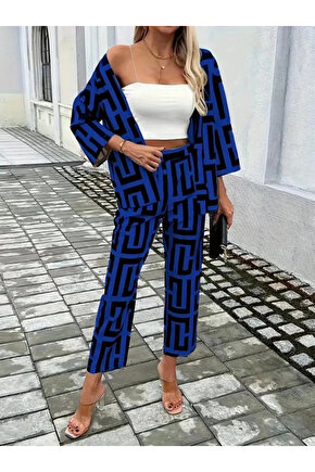 Kadın Uzun Kollu önü Açık Desenli Iki Iplik Ceket Ve Pantolon Ikili Takım