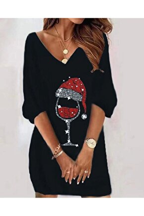 Kadın Uzun Kollu Siyah V Yaka şapka Baskılı Siyah Dalgıç Kumaş Elbise