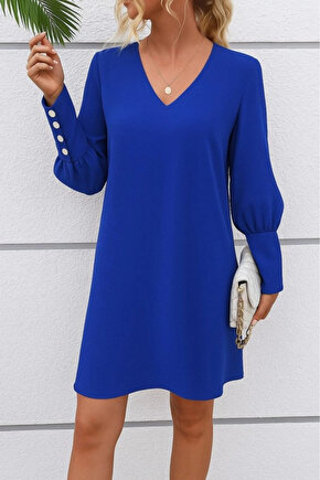 Kadın Uzun Kollu V Yakalı Kısa Ithal Krep Elbise