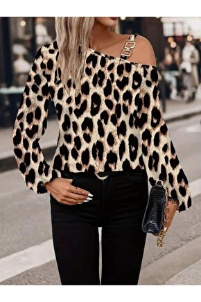 Kadın Uzun Kollu Tek Omuzu Açık Tokalı Leopar Desenli Modal Bluz