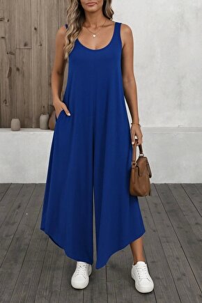 Kadın Askılı Yuvarlak Yaka Cepli Salaş Uzun Viskon Tulum