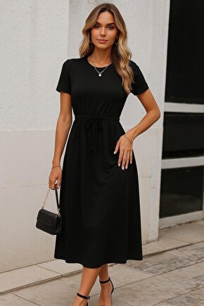 Kadın Kısa Kollu Bisiklet Yaka Belden Bağlamalı önü Bağcık Detaylı Maksi Boy Viskon Elbise