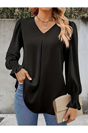 Kadın Uzun Kollu V Yakalı Salaş Ithal Krep Bluz