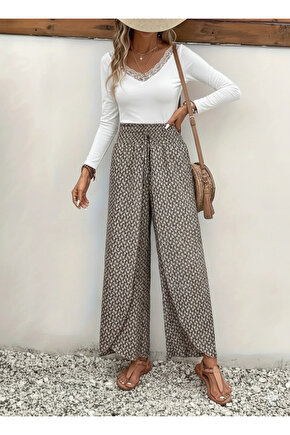 Kadın Yüksek Bel Lastikli önden Iki Parçalı Desenli Bürümcük Pantolon