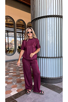 MDB Kadın Kısa Kollu Bisiklet Yaka Omuzdan Düğmeli Viskon Iki Iplik Kısa Bluz Ve Pantolon Ikili Takı