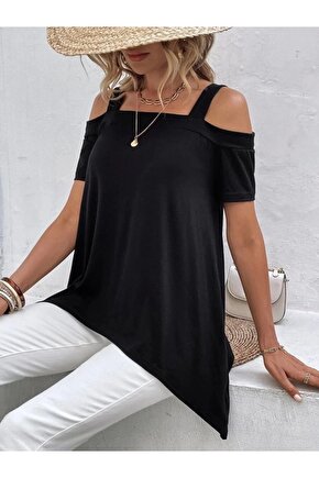 Kadın Kısa Kollu Omuzlardan Açık Askılı Asimetrik Kesim Viskon Bluz