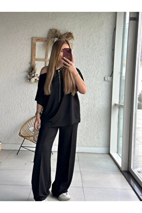 Kadın Tek Omuzdan Açık Geniş Kesim Viskon Iki Iplik Bluz Ve Pantolon Ikili Takım