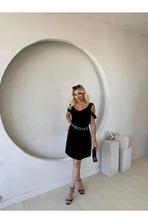 Kadın Askılı Soğuk Omuz Detaylı Modal Elbise