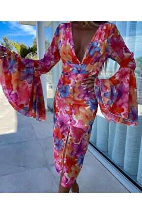 Kadın Göğüs Dekolteli Kolları Volan Detay Astarlı Tül Elbise