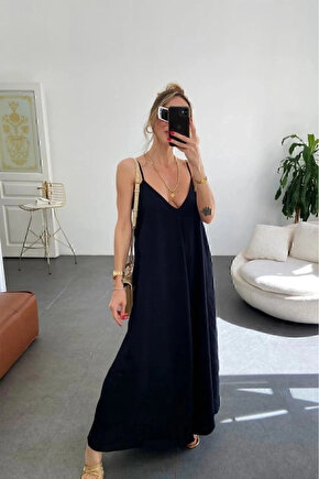 MDB Kadın Ip Askılı V Yakalı Uzun Aerobin Elbise