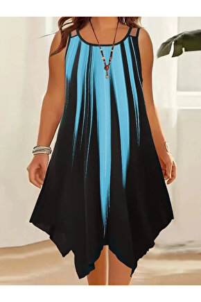 MDB Kadın Askılı Yuvarlak Yaka Asimetrik Detaylı Desenli Süprem Elbise