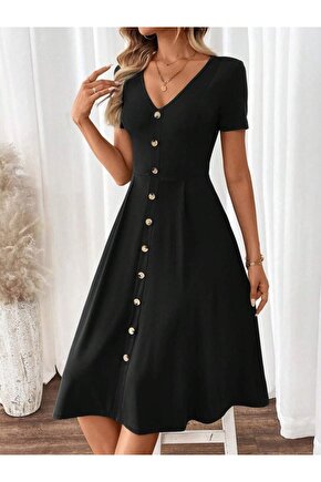 eyesof Kadın Kısa Kollu V Yakalı önden Düğmeli A Kesim Dokuma Elbise
