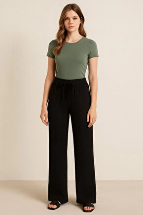 Kadın Beli Lastikli Pol Paça Pantolon