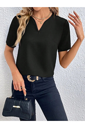 Kadın Kısa Kollu V Yakalı Ithal Krep Elbise