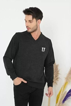 MDB Baskılı V Yaka Uzun Kol Dokuma Triko Füme