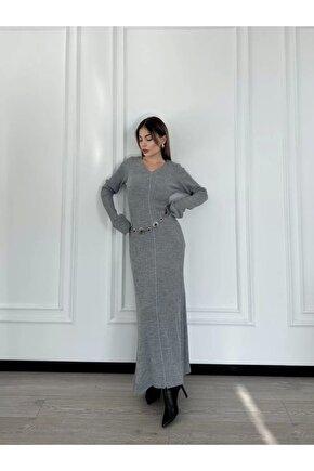 V Yaka Fitilli Uzun Elbise- Gri