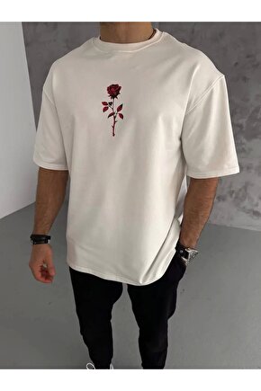 Unisex Bisiklet Yaka Baskılı Oversize T-Shirt - Beyaz