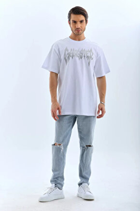 Gökyüzü Moda Unisex Oversize Taşlı Bisiklet Yaka T-Shirt - Beyaz