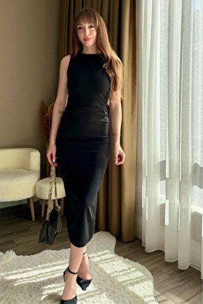 Gökyüzü Moda Kadın Sıfır Kol Sıfır Yaka Drape Detaylı Midi Janjan Krep Elbise