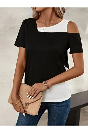 Gökyüzü Moda Kadın Kısa Kollu Geometrik Kesin Detaylı çift Renkli Viskon Bluz