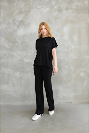 Gökyüzü Moda Osy Modal Yumuşak Dokulu Kumaş Bisiklet Yaka Kısa Kollu Takım - Siyah