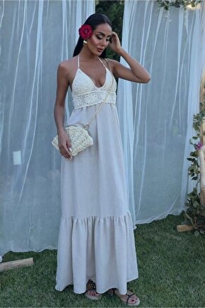 Gökyüzü Moda Göğsü Trikolu Keten Uzun Elbise 2904-08