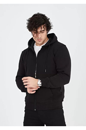 Unisex Tam Fermuarlı Kapşonlu SweatShirt - Siyah