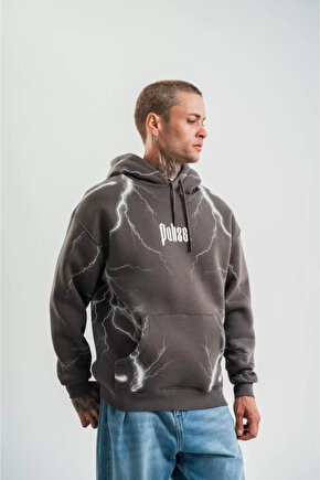 eyesof Double Oversize Kapşonlu Şimşek Pano Baskılı SweatShirt - Füme