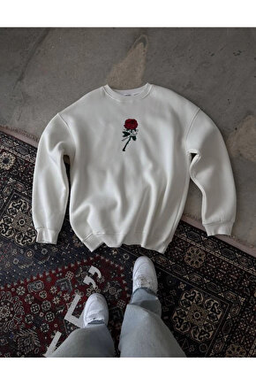 Unisex Bisiklet Yaka Ön Ve Arka Baskılı SweatShirt - Beyaz